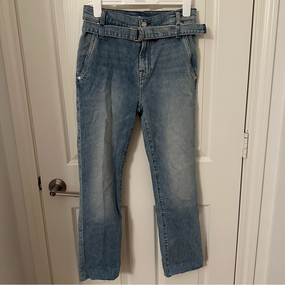 7 For All Mankind Belted Cropped Paperbag High-Waisted Straight Jeans in Vail